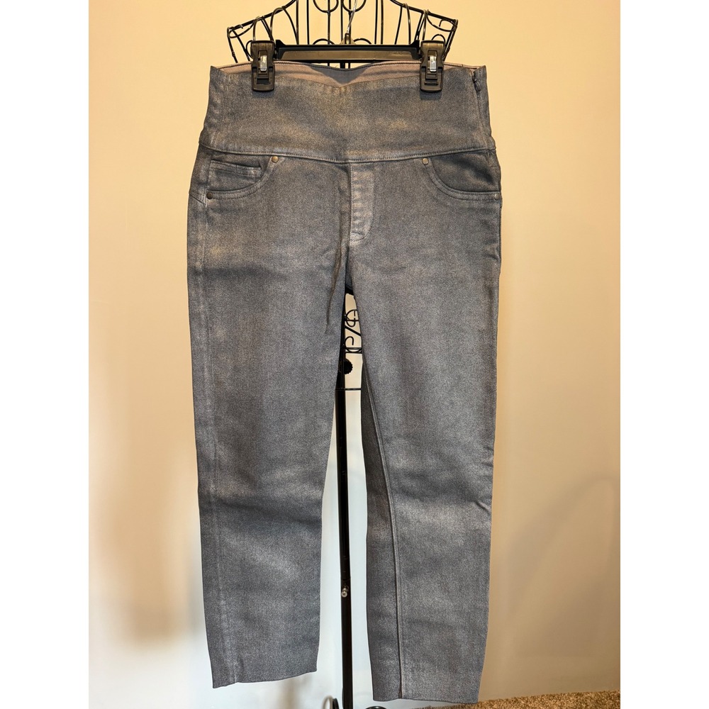 Spanx Metallic Silver Shimmer High Waisted Side Zip Leggings Size M RN112121